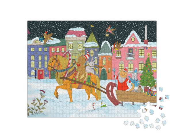 Puzzle 1000 Teile „Tierische Weihnachten: Weihnachtsmann und Tiere auf einem Pferdeschlitten“