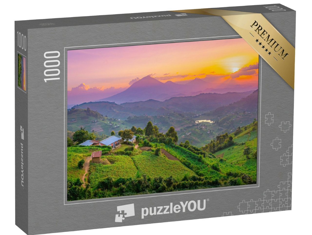 Puzzle 1000 Teile „Sonnenuntergang über den Hügeln und Weisen in Kisoro, Uganda, Afrika“