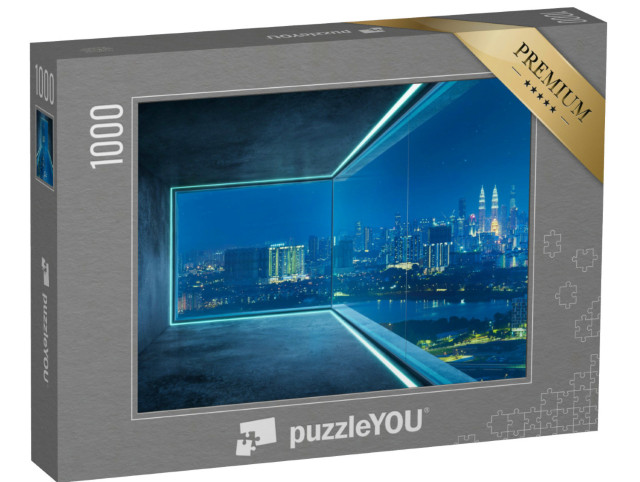 Puzzle 1000 Teile „Blick aus einem leeren Loft auf die Skyline der Stadt“