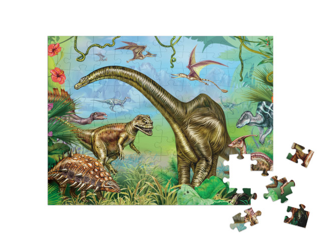 Puzzle 100 Teile „Alte Tropenlandschaft: Welt der beeindruckenden Dinosaurier“