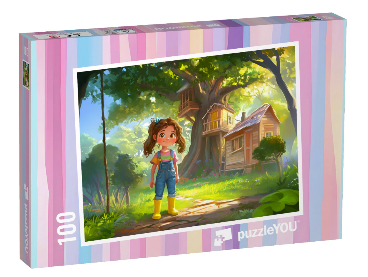 Puzzle 100 Teile „Das Mädchen und sein geheimes Baumhaus im Wald“