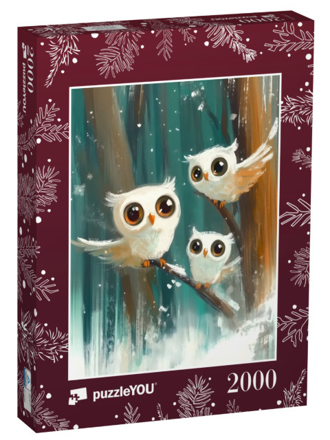 Puzzle 2000 Teile „Drei Schneeeulen im Winterwald“