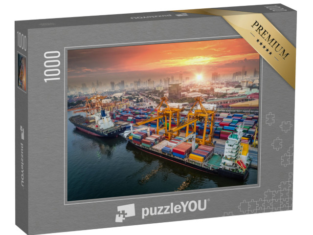 Puzzle 1000 Teile „Hafen und Großstadt in der Abenddämmerung“