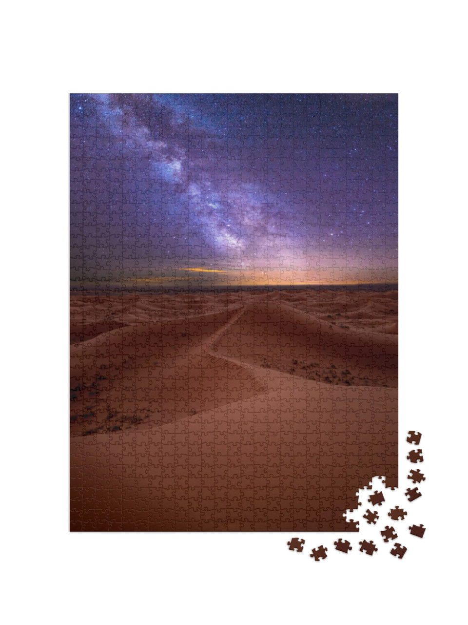 Puzzle 1000 Teile „Erstaunliche Milchstraße über den Dünen Erg Chebbi in der Sahara-Wüste in Marokko“