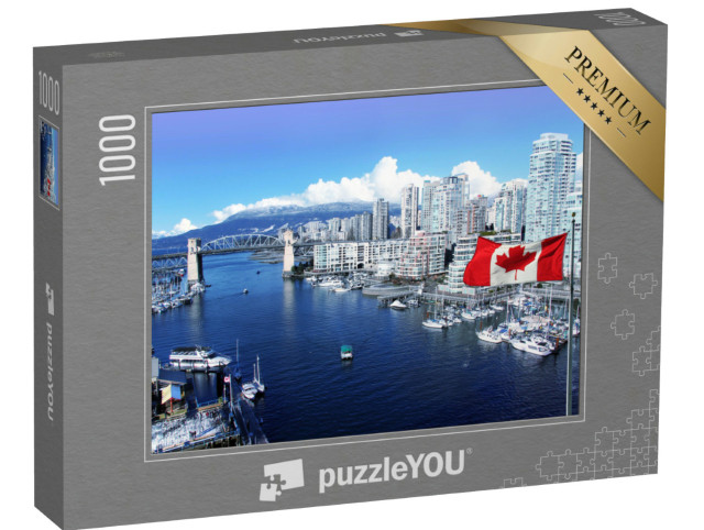 Puzzle 1000 Teile „Kanadische Flagge, False Creek und die Burrard Street Bridge in Vancouver“