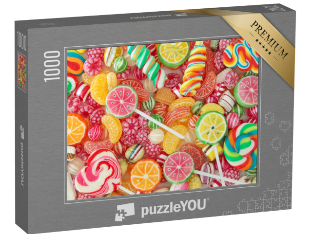 Puzzle 1000 Teile „Bunt gemischte Fruchtbonbons und Lollis, Nahaufnahme“