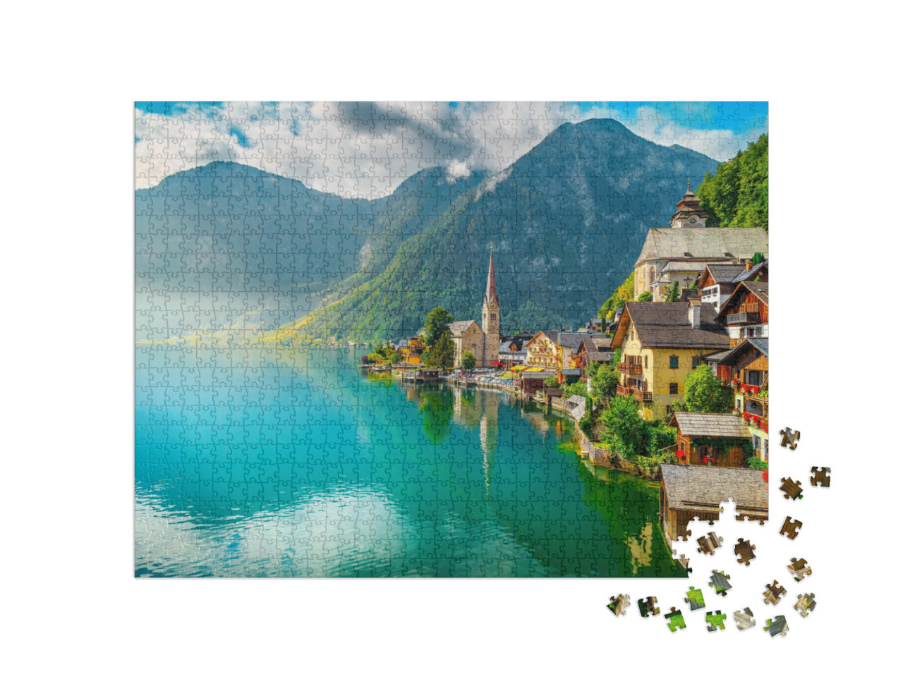 Puzzle 1000 Teile „Pittoreskes Dorf Hallstadt und Hallstädter See, Salzkammergut, Österreich“