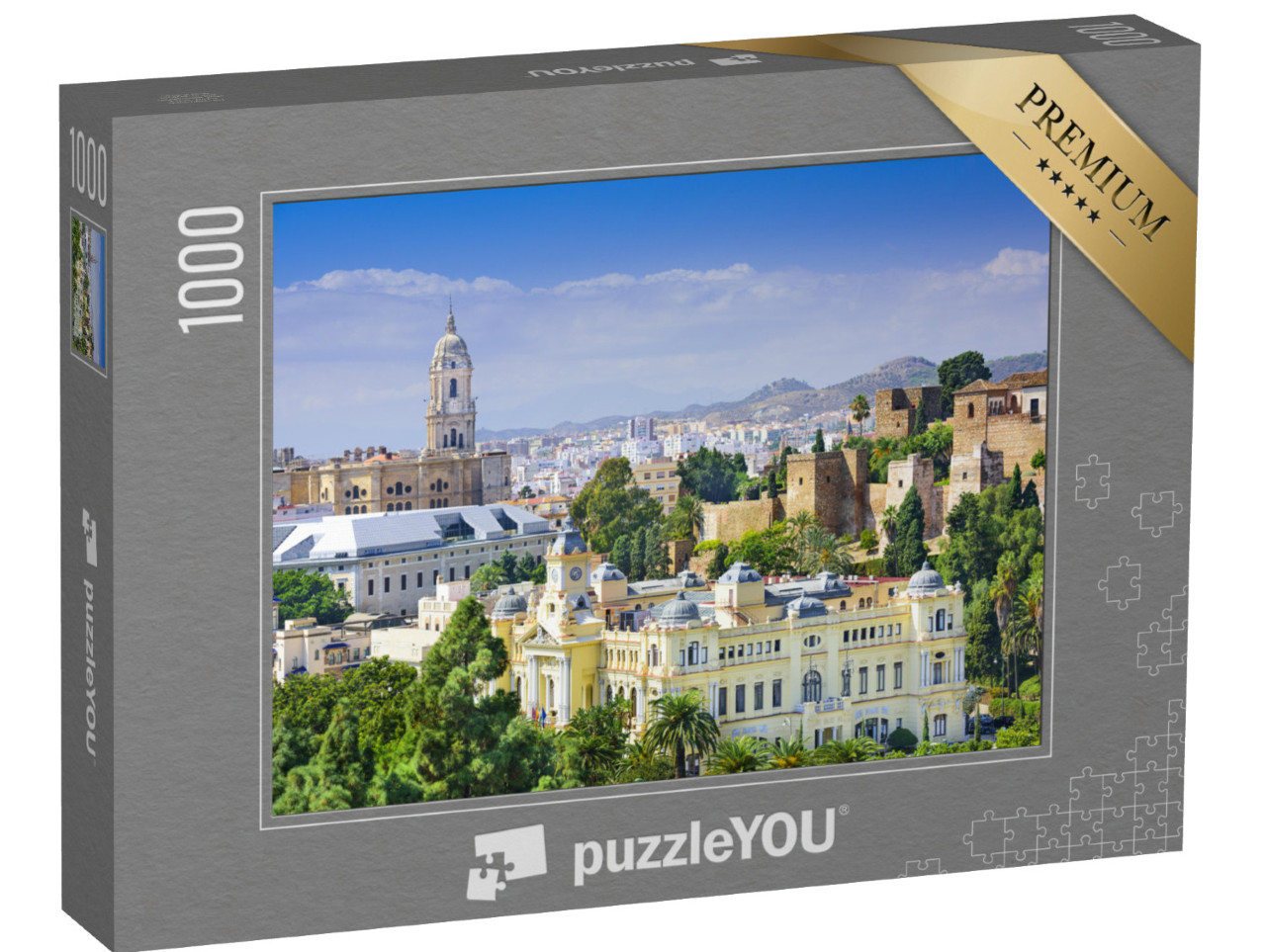 Puzzle 1000 Teile „Stadtbild von Malaga mit Kathedrale und Rathaus, Spanien“