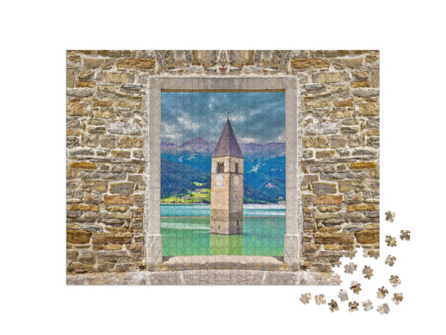 Puzzle 1000 Teile „Untergegangener Glockenturm von Curon Venosta“