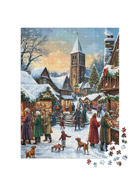 Puzzle 1000 Teile „Festlicher Weihnachtsmarkt in einem Dorf“