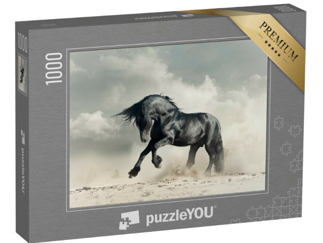Puzzle 1000 Teile „Wilder schwarzer Hengst in der Wüste, schwarz-weiß“