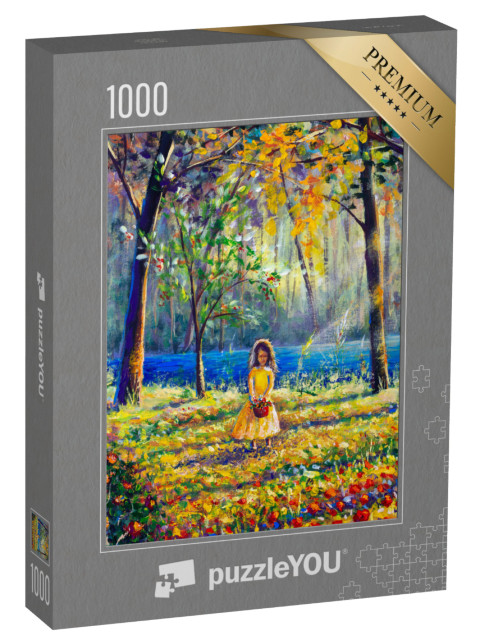 Puzzle 1000 Teile „Ölgemälde: Mädchen im Märchenwald“