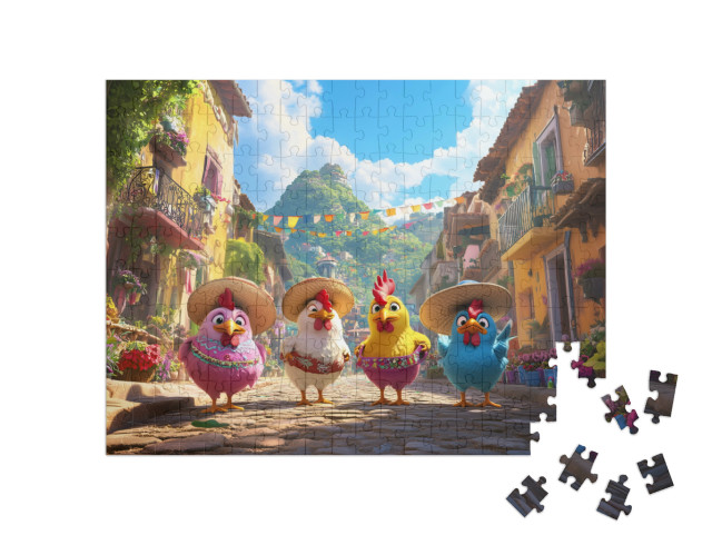 Puzzle 200 Teile „Bunte Hühner im Sommerurlaub“