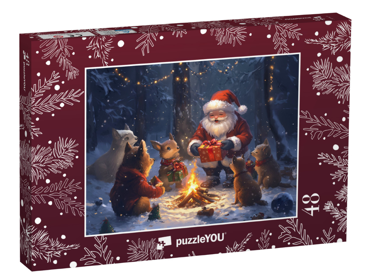 Puzzle 48 Teile „Waldweihnacht: Tier-Kinder bekommen Geschenke vom Weihnachtsmann“