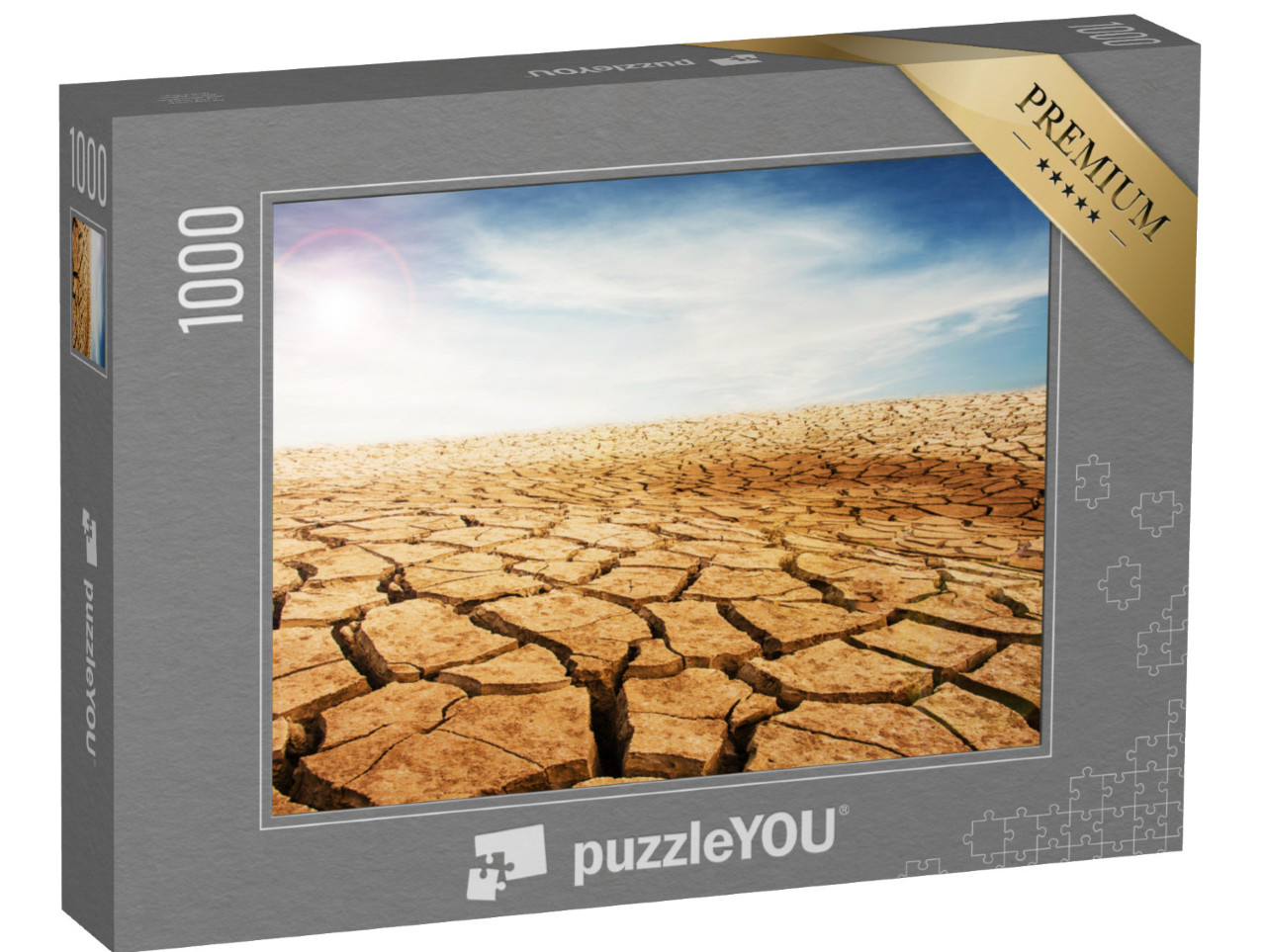 Puzzle 1000 Teile „Trockener und rissiger Wüstenboden, blauer Himmel mit Wolken“
