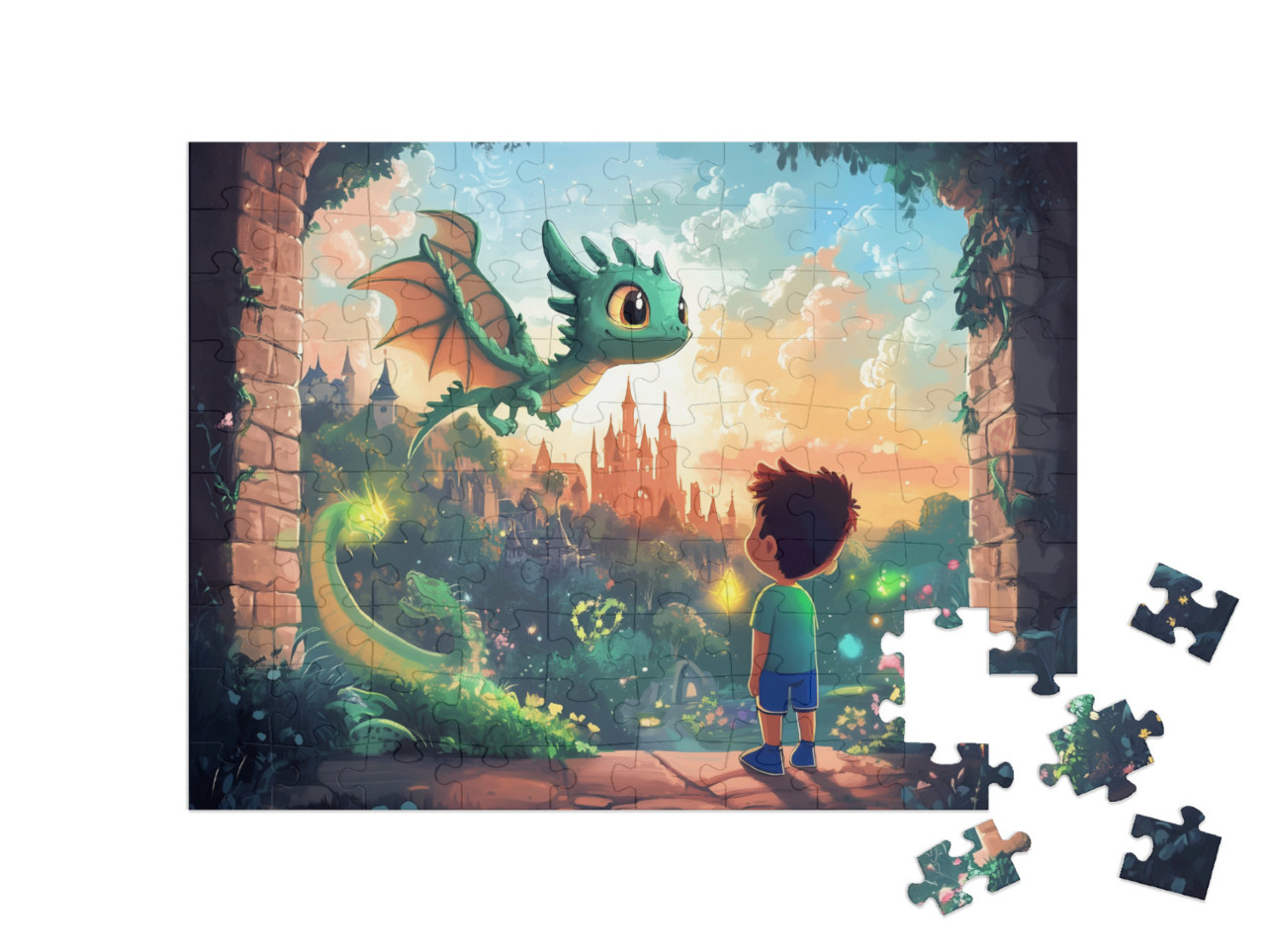 Puzzle 100 Teile „Die verzauberte Festung im Drachenland“