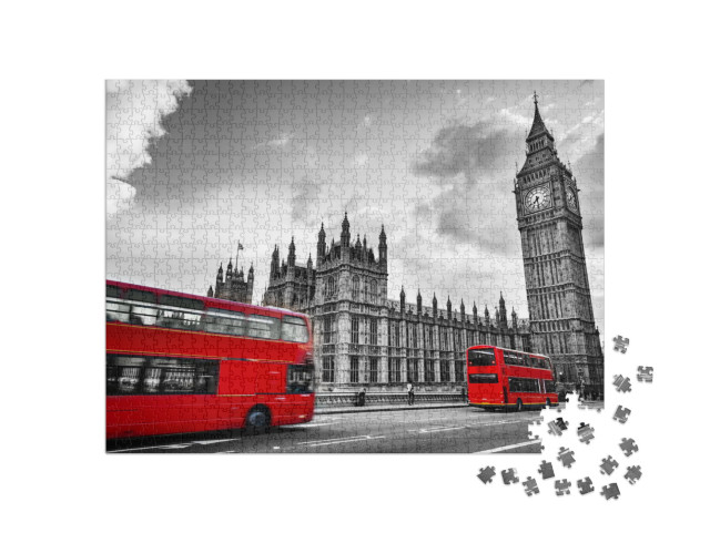 Puzzle 1000 Teile „Westminster Palace, Big Ben, Routmaster-Bus - Impressionen aus London, England“