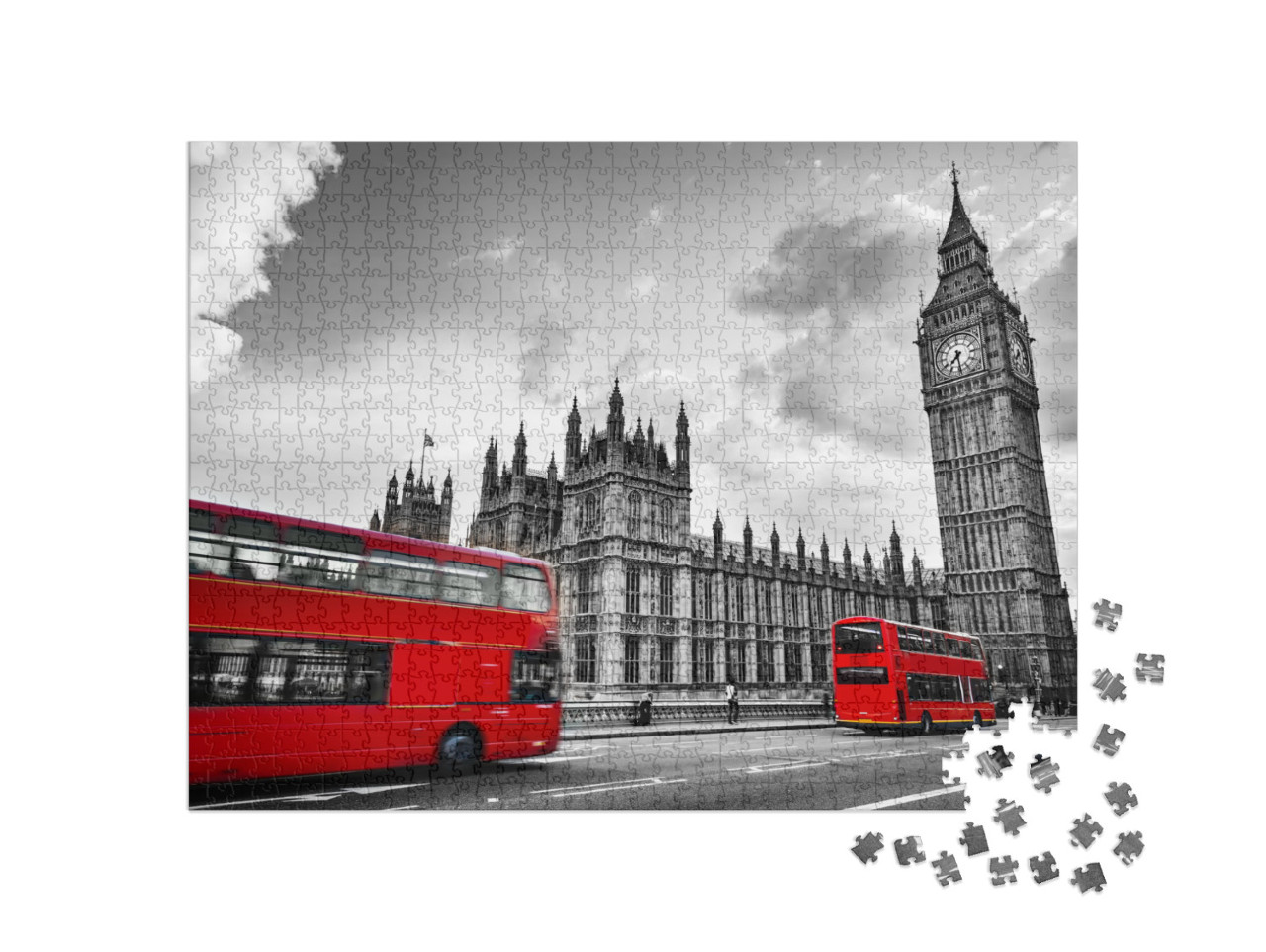 Puzzle 1000 Teile „Westminster Palace, Big Ben, Routmaster-Bus - Impressionen aus London, England“