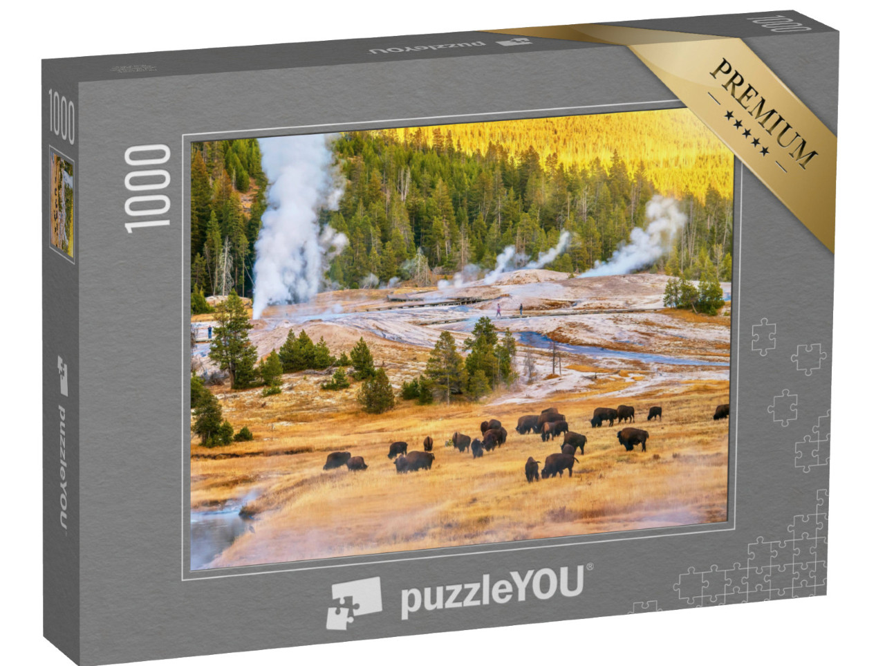 Puzzle 1000 Teile „Bisonherde bei Sonnenuntergang im Upper Geyser Basin im Yellowstone-Nationalpark“