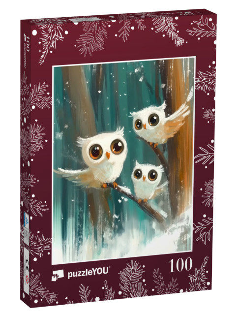 Puzzle 100 Teile „Drei Schneeeulen im Winterwald“