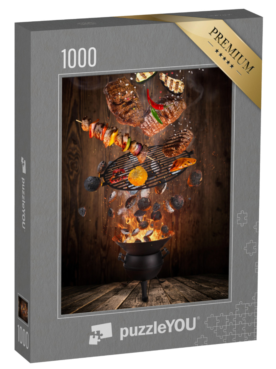 Puzzle 1000 Teile „Kugelgrill mit heißen Briketts und Grillfleisch“
