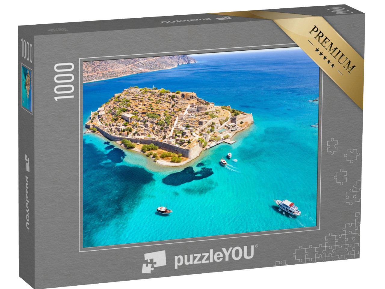 Puzzle 1000 Teile „Spinalonga mit ruhigem Meer, Golf von Elounda, Kreta, Griechenland“