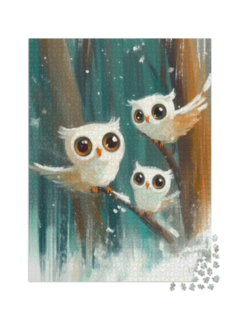 Puzzle 2000 Teile „Drei Schneeeulen im Winterwald“