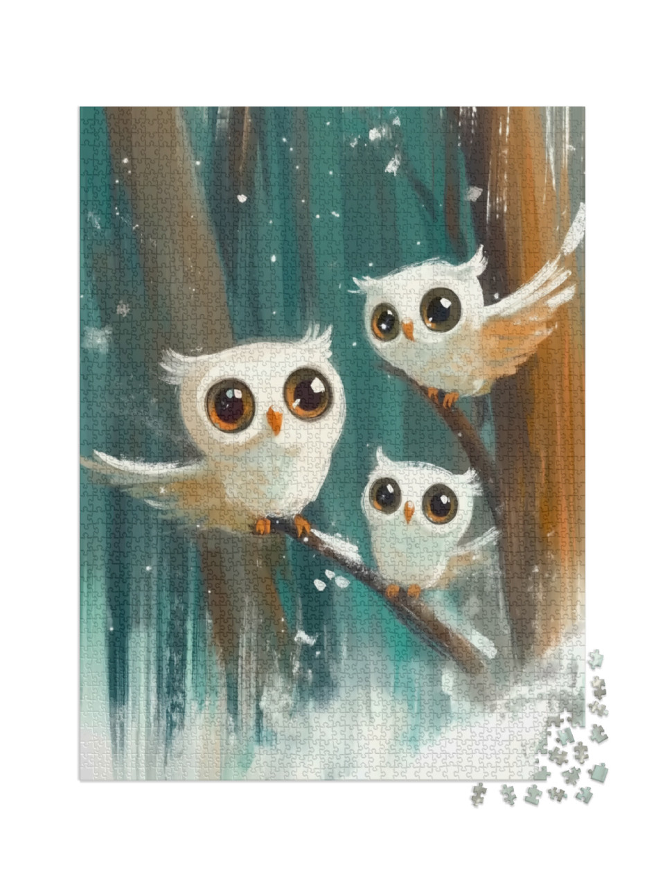 Puzzle 2000 Teile „Drei Schneeeulen im Winterwald“