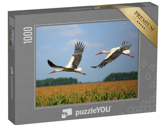 Puzzle 1000 Teile „Zwei Störche fliegen über ein Feld“