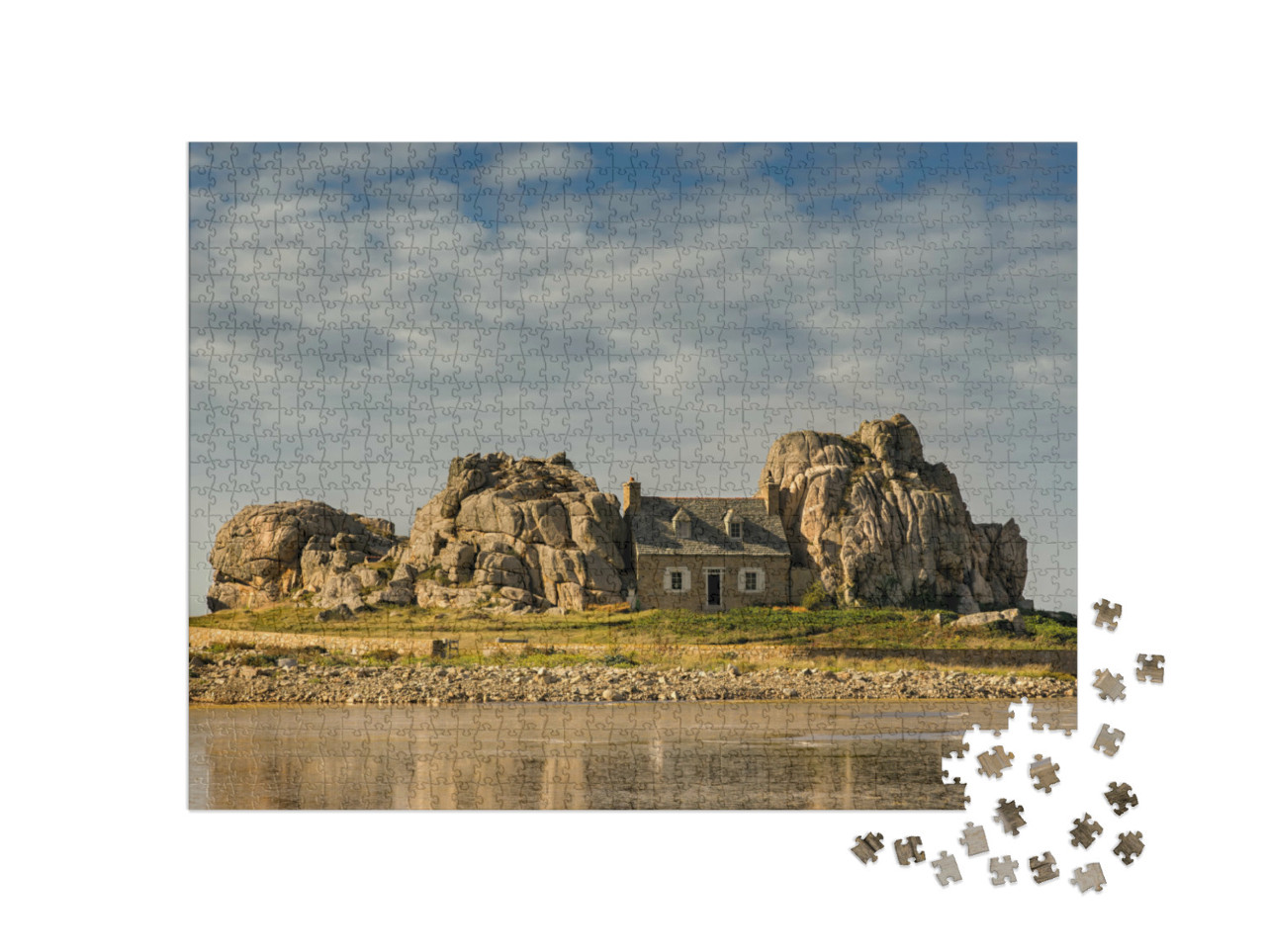 Puzzle 1000 Teile „Malerisches Haus zwischen Felsen, Bretagne, Frankreich“