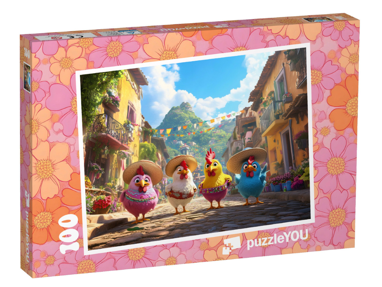 Puzzle 100 Teile „Bunte Hühner im Sommerurlaub“