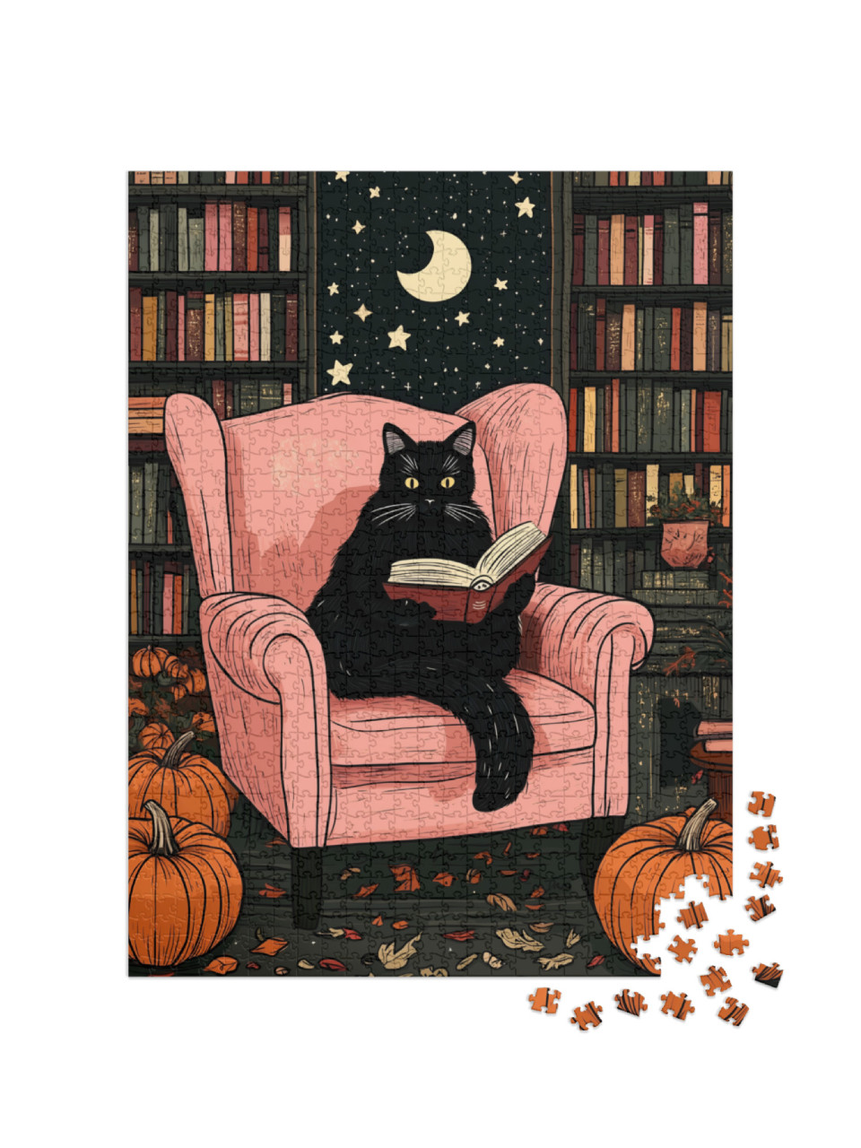 Puzzle 1000 Teile „Schwarze Katze beim lesen im Sessel an Halloween“