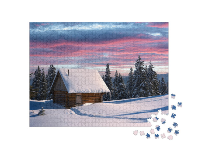 Puzzle 1000 Teile „Winterlandschaft mit Holzhaus, Karpaten, Ukraine, Europa“