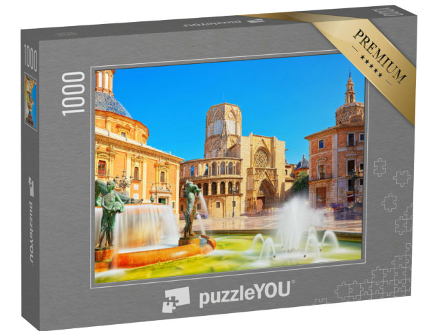 Puzzle 1000 Teile „Malerischer Brunnen vor der Kathedrale von Valencia, Spanien“