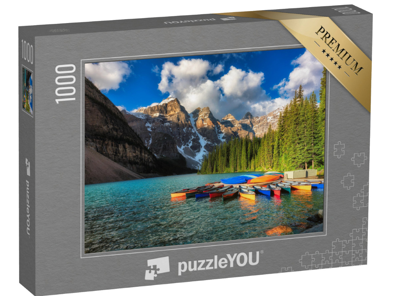 Puzzle 1000 Teile „Kanus auf dem Moraine-See, Banff-Nationalpark in den Rocky Mountains, Alberta, Kanada.“