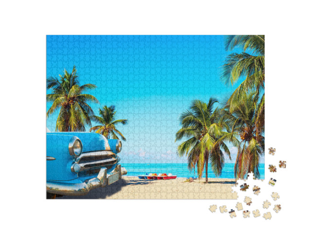 Puzzle 1000 Teile „Tropischer Strand bei Varadero in Kuba mit Oldtimer“