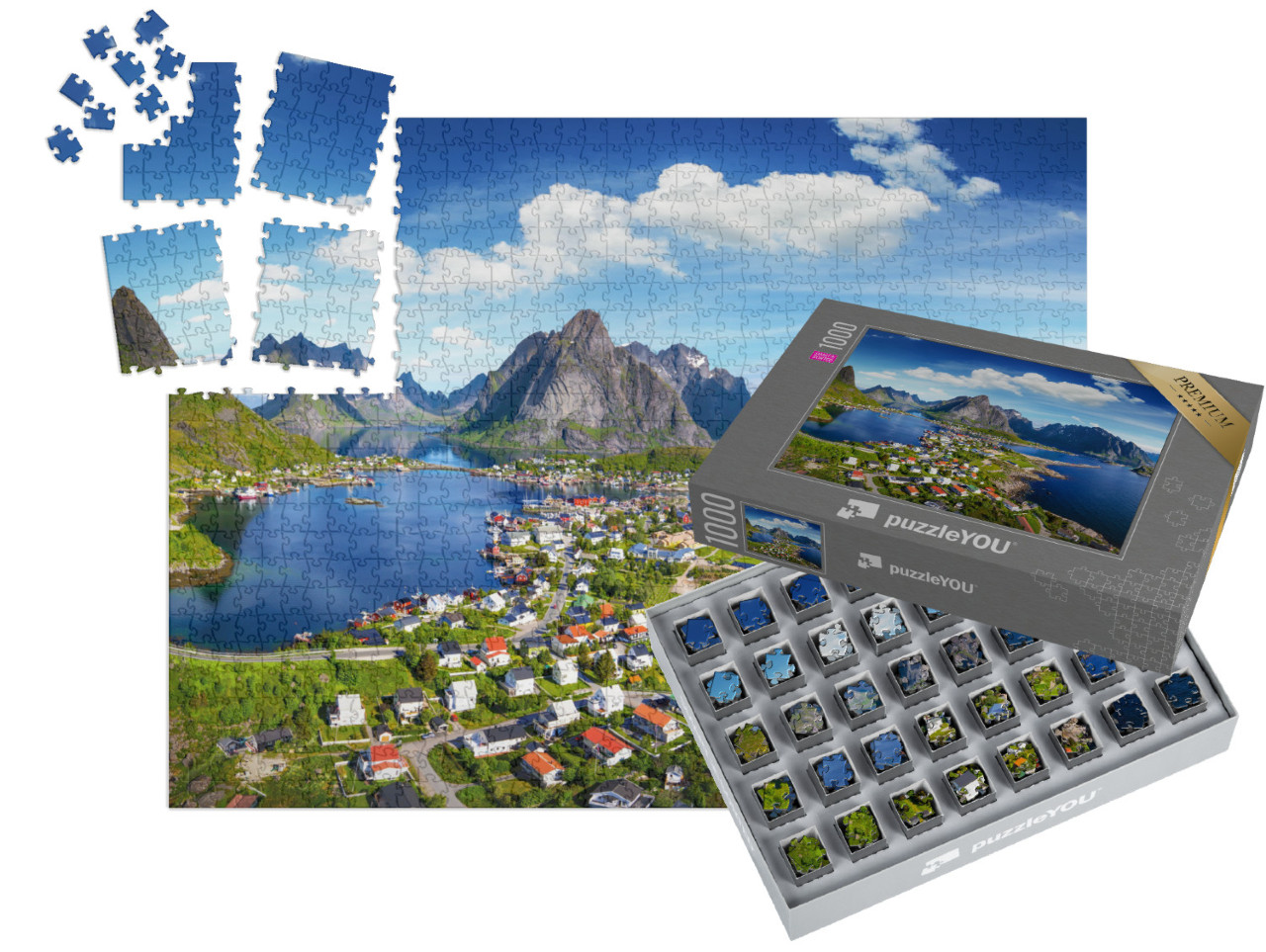 Puzzle „Dorf Reine unter einem sonnigen, blauen Himmel, Lofoten, Norwegen“ | SMART SORTED® 1000 Teile