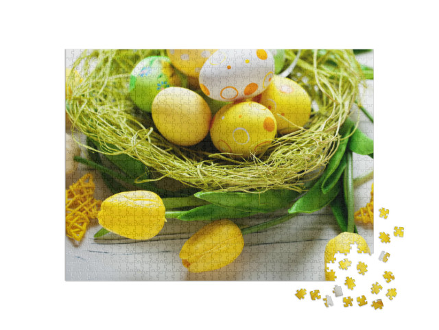Puzzle 1000 Teile „Wunderschöne gelbe Ostereier mit gelben Tulpen“
