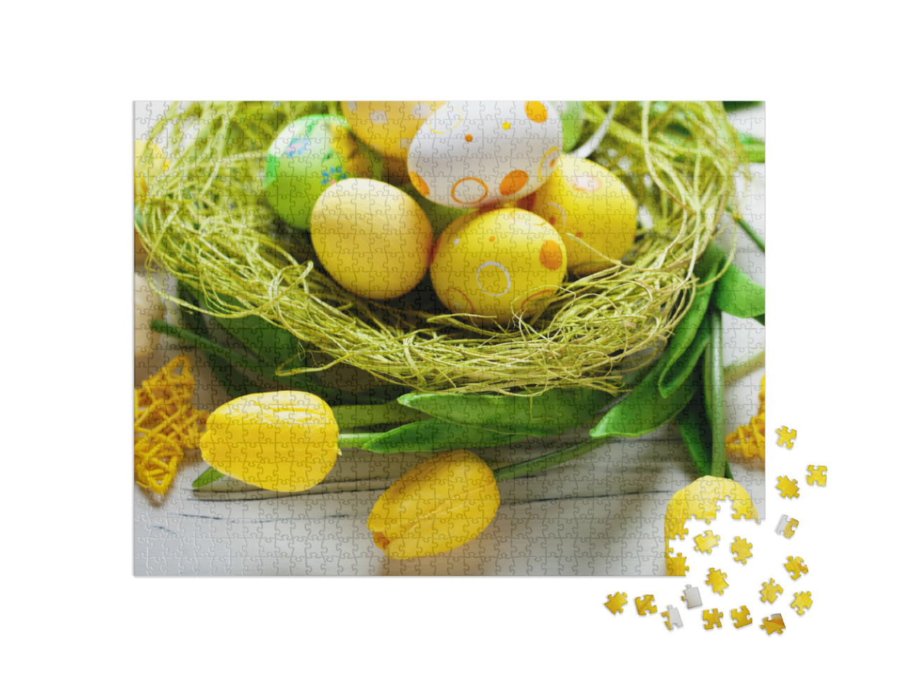 Puzzle 1000 Teile „Wunderschöne gelbe Ostereier mit gelben Tulpen“