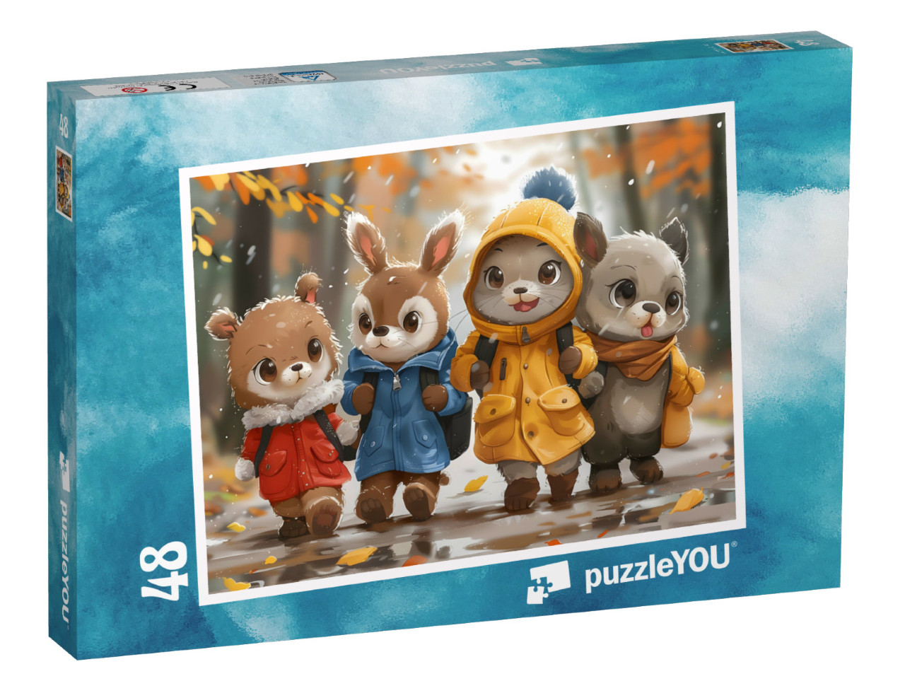 Puzzle 48 Teile „Tierfreunde am regnerischen Schulweg“