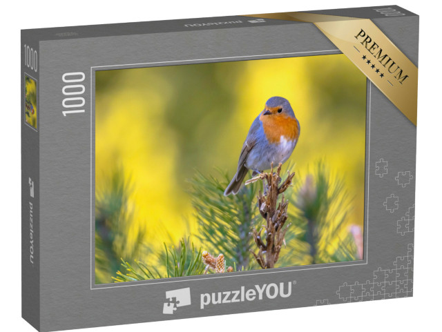 Puzzle 1000 Teile „Hübsches Rotkehlchen auf einem grünen Zweig“