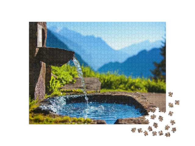 Puzzle 1000 Teile „Alpen: Wasserquelle im Gebirge, Becken, unscharfer Hintergrund“