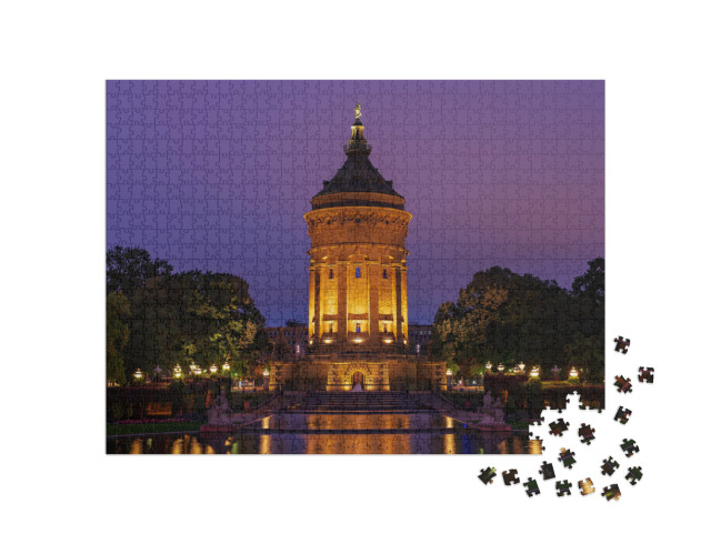 Puzzle 1000 Teile „Blaue Stunde am Wasserturm von Mannheim, Deutschland“