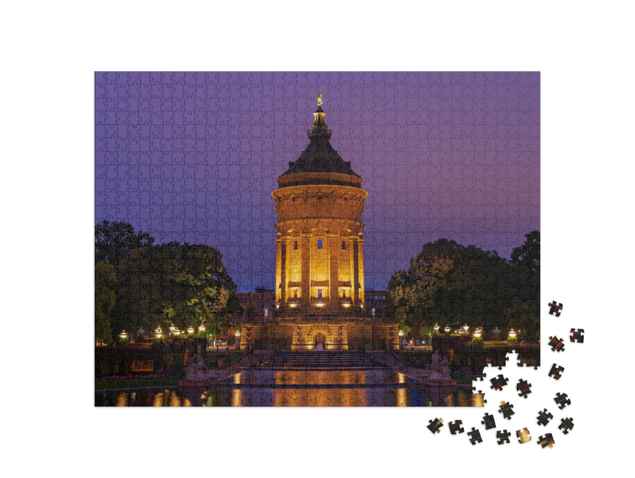 Puzzle 1000 Teile „Blaue Stunde am Wasserturm von Mannheim, Deutschland“
