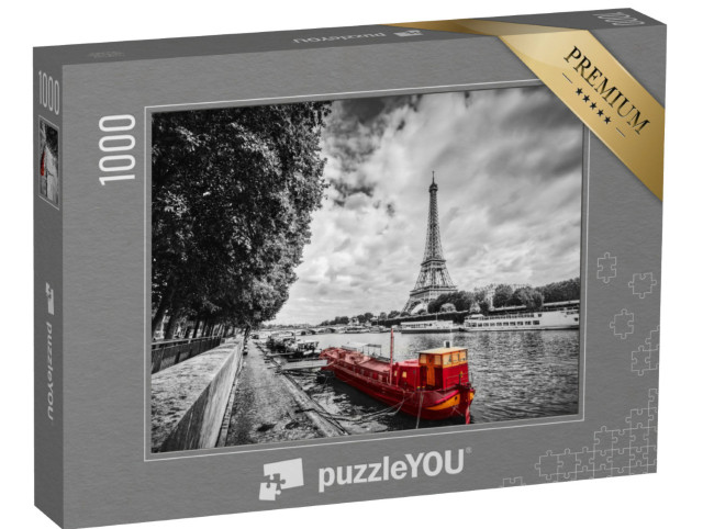 Puzzle 1000 Teile „Eiffelturm über der Seine mit rotem Schiff, Paris, Frankreich“
