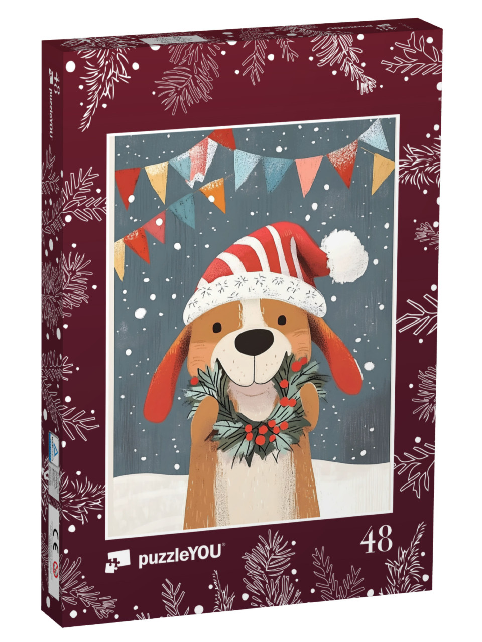 Puzzle 48 Teile „Niedlicher Hund im Winteroutfit“