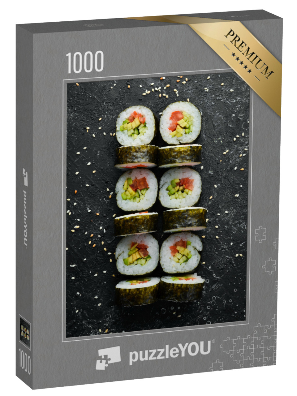 Puzzle 1000 Teile „Hausgemachtes vegetarisches Sushi mit Avocado und Tomaten“