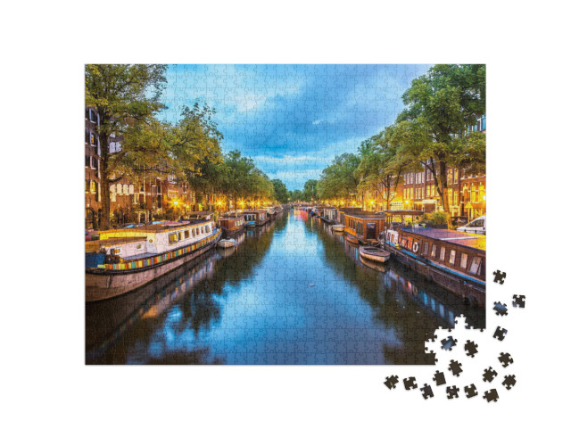 Puzzle 1000 Teile „Gracht in Amsterdam bei Nacht, Niederlande“
