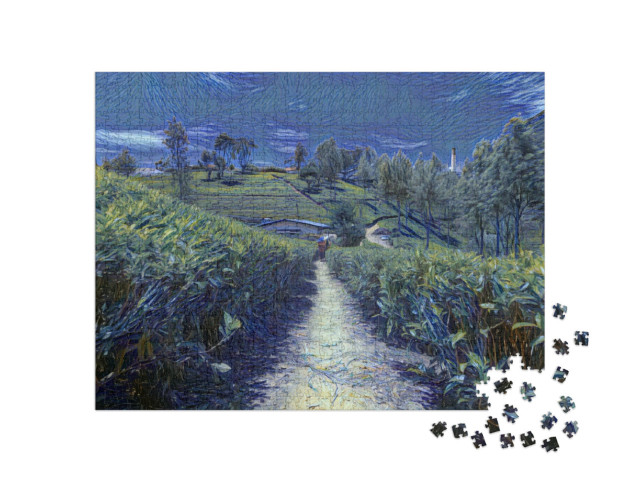 Puzzle 1000 Teile „im Kunst-Stil von van Gogh, Sternennacht - Teeplantagen und Fabrik in Sri Lanka“