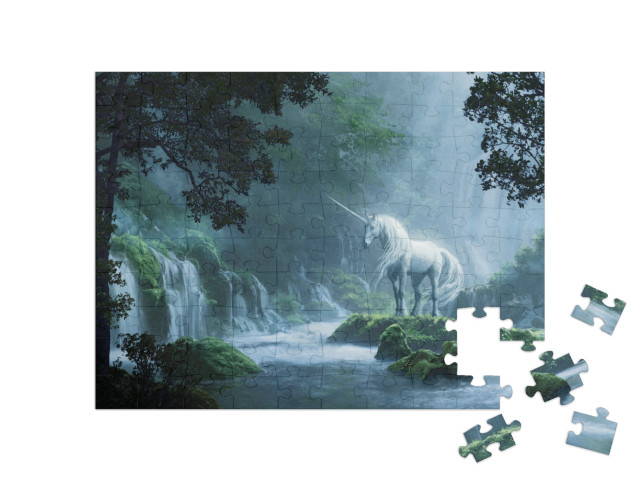 Puzzle 100 Teile „Ein schönes Einhorn in einem magischen Wald, digitale Illustration“